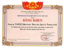 Bằng khen của Hiệp hội doanh nghiệp nhỏ và vừa Việt Nam trao tặng Công ty PTKHQT Trường Sinh